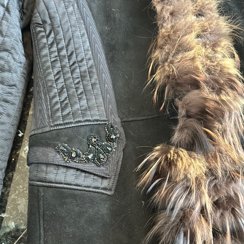 Roberto Cavalli Shearling Suede Black Fox Fur-Trimmed Women's Coat Size 48 - Picture 4 of 13